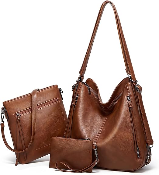 Realer Hobo Bags Faux Leather Purse 3‑Piece Set with Tassel